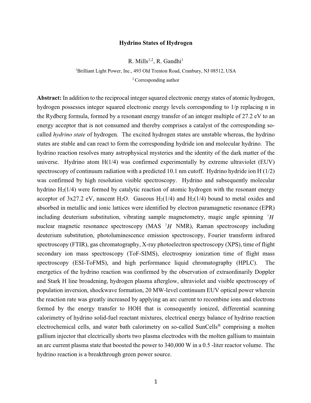 Hydrino States of Hydrogen