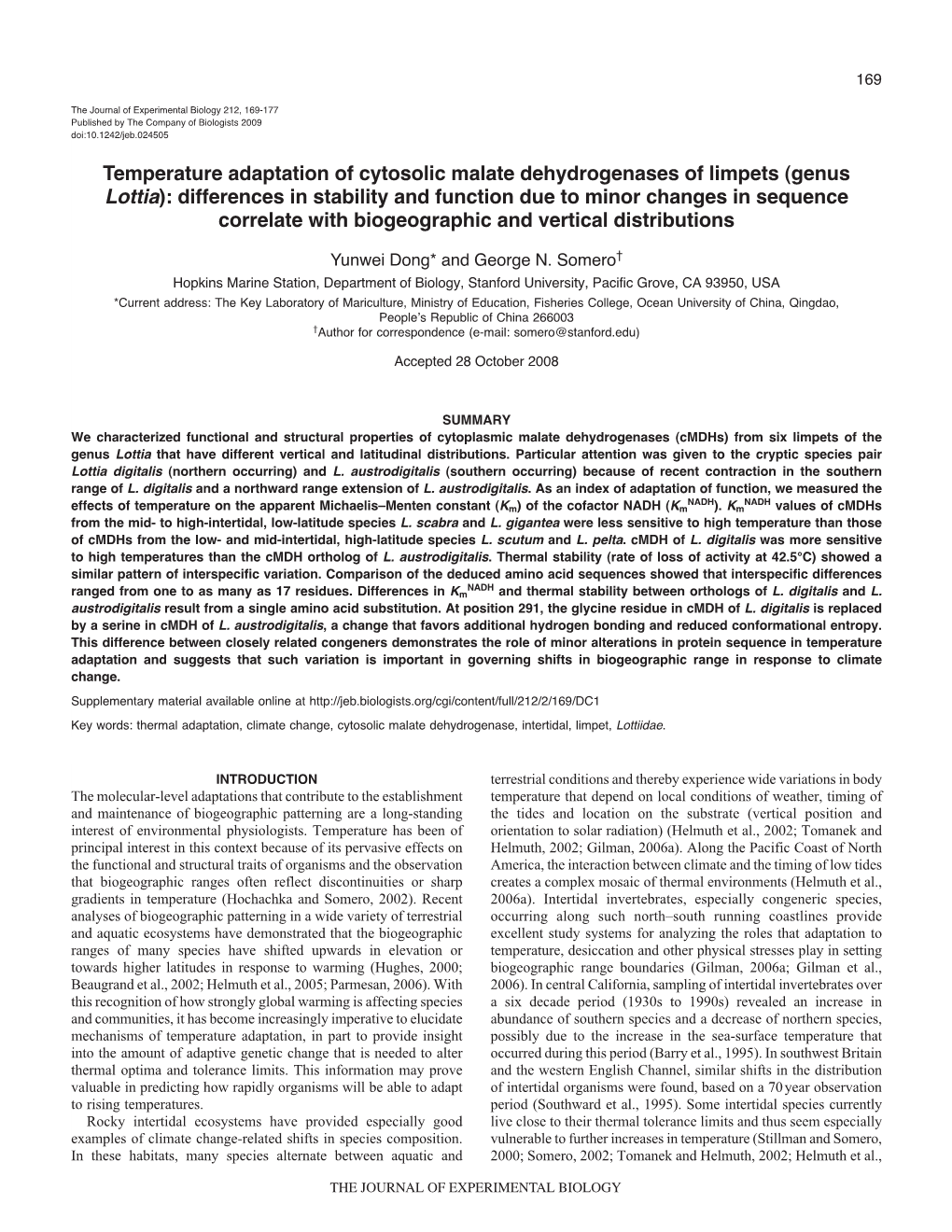 (Genus Lottia): Differences in Stability and Function Due to Minor Changes in Sequence Correlate with Biogeographic and Vertical Distributions