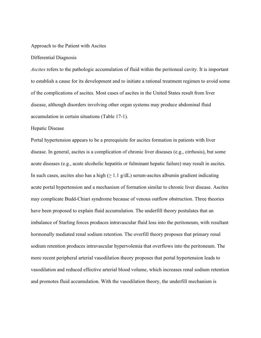 Approach to the Patient with Ascites Differential Diagnosis