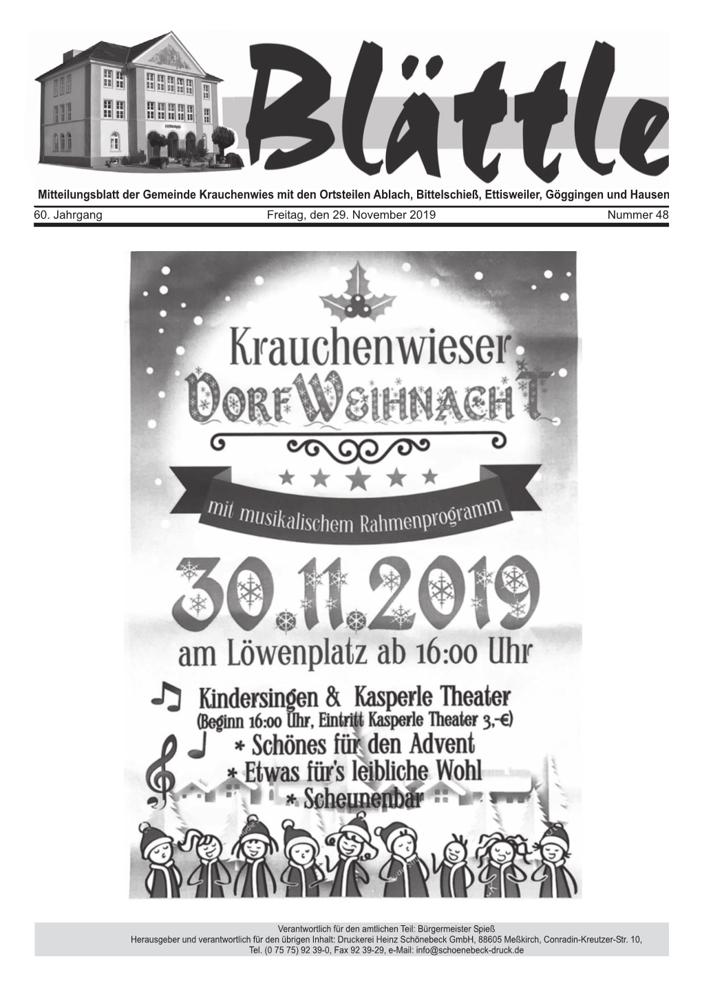 Mitteilungsblatt Der Gemeinde Krauchenwies Mit Den Ortsteilen Ablach, Bittelschieß, Ettisweiler, Göggingen Und Hausen 60. Jahrgang Freitag, Den 29