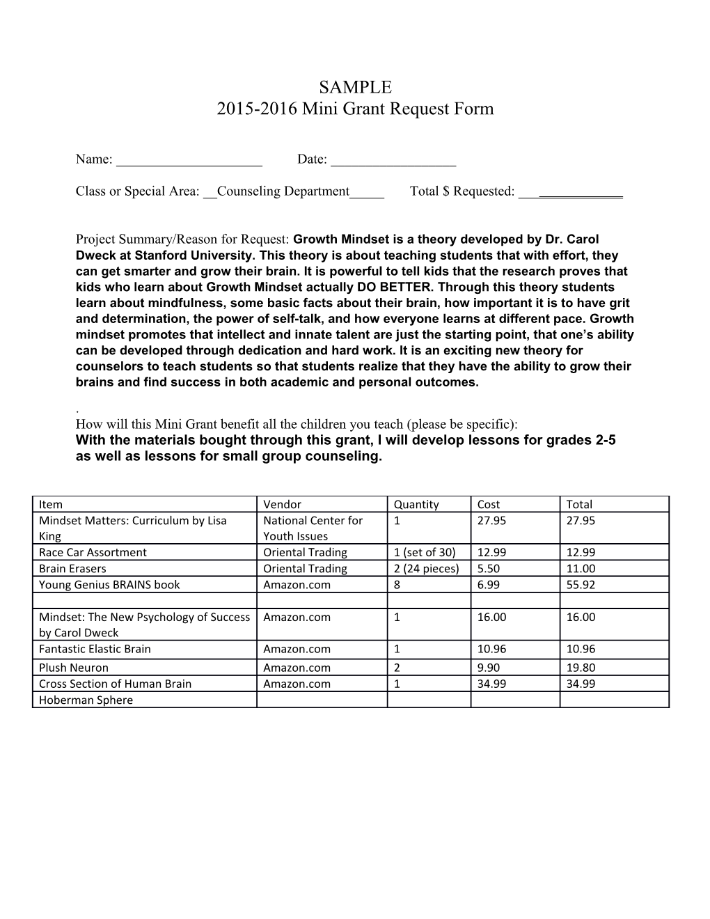 2015-2016 Mini Grant Request Form