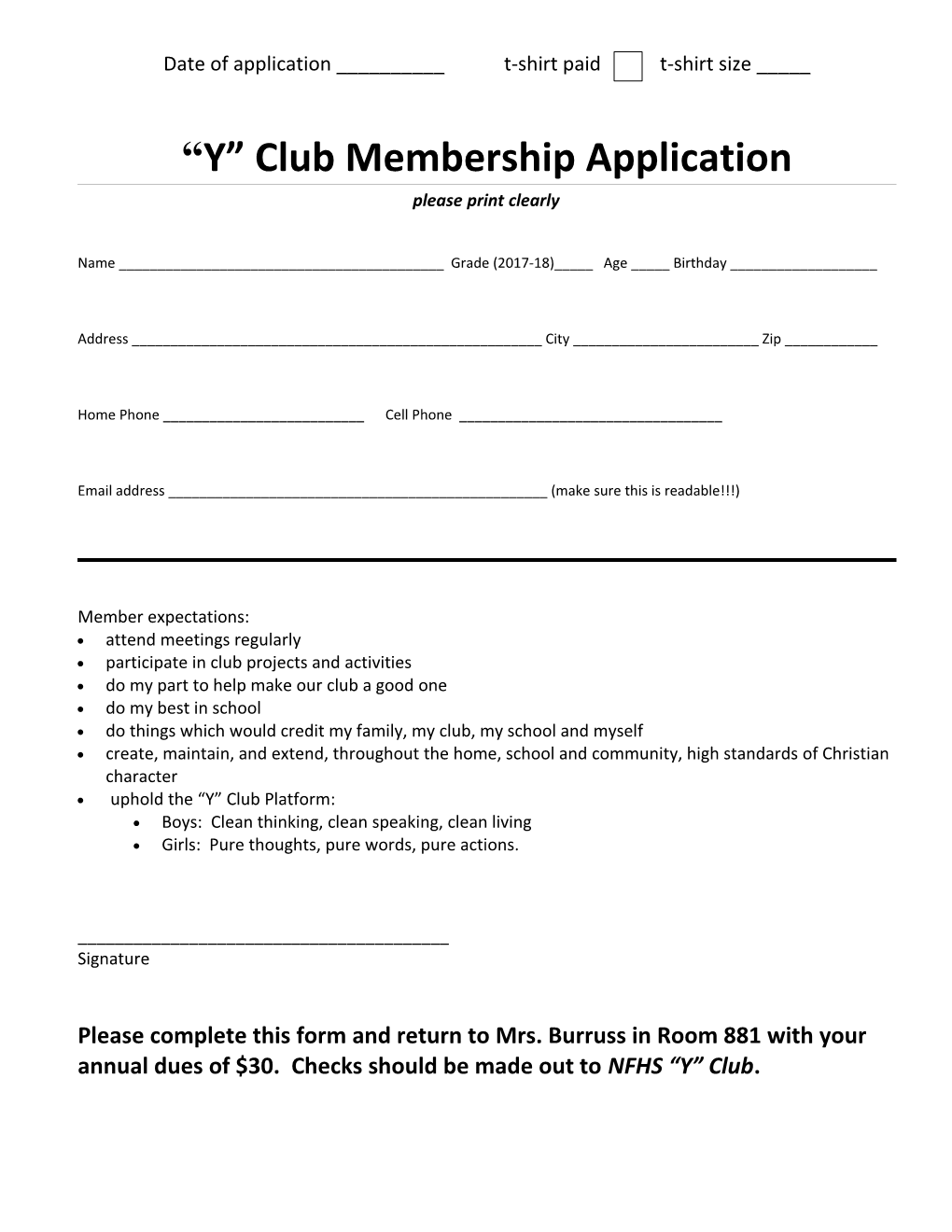 Y Club Membership Application