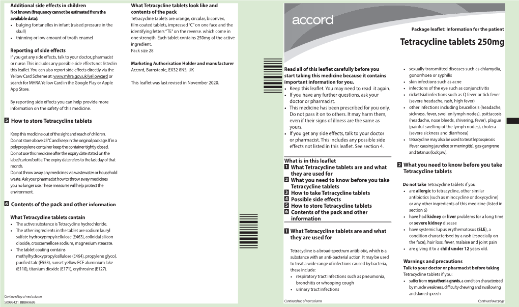 Tetracycline Tablets 250Mg Reporting of Side Effects Pack Size 28 If You Get Any Side Effects, Talk to Your Doctor, Pharmacist Or Nurse