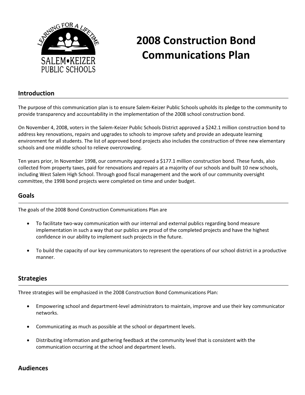 2008 Construction Bond Communications Plan