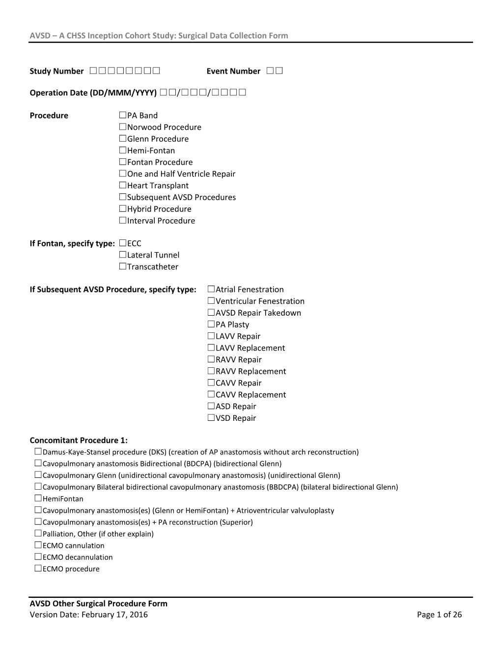 Surgical Data Collection Form AVSD Other Surgical Procedure Form