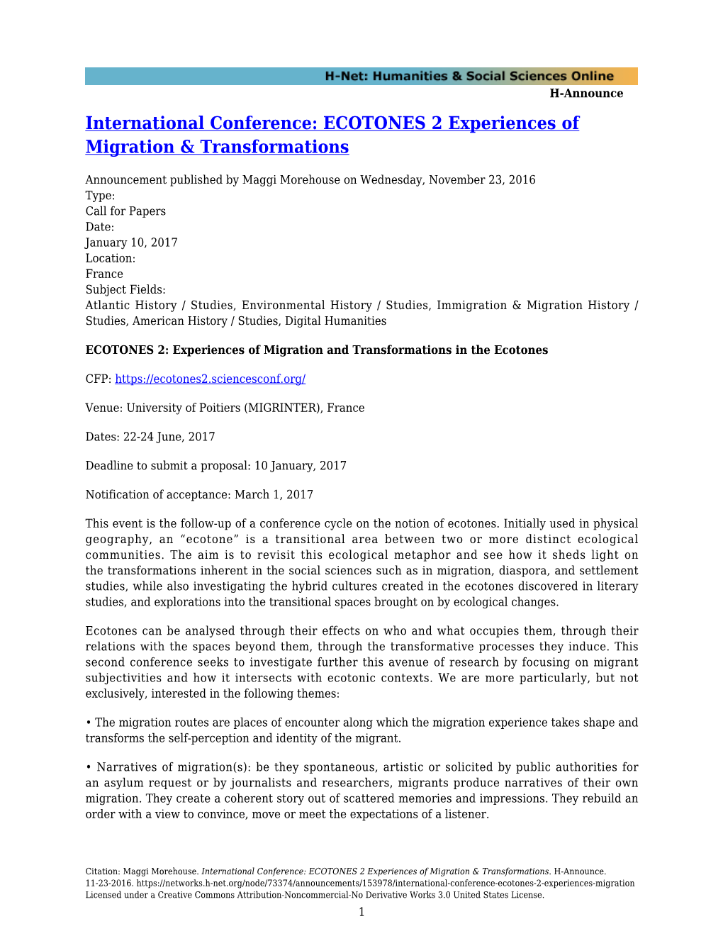 International Conference: ECOTONES 2 Experiences of Migration & Transformations