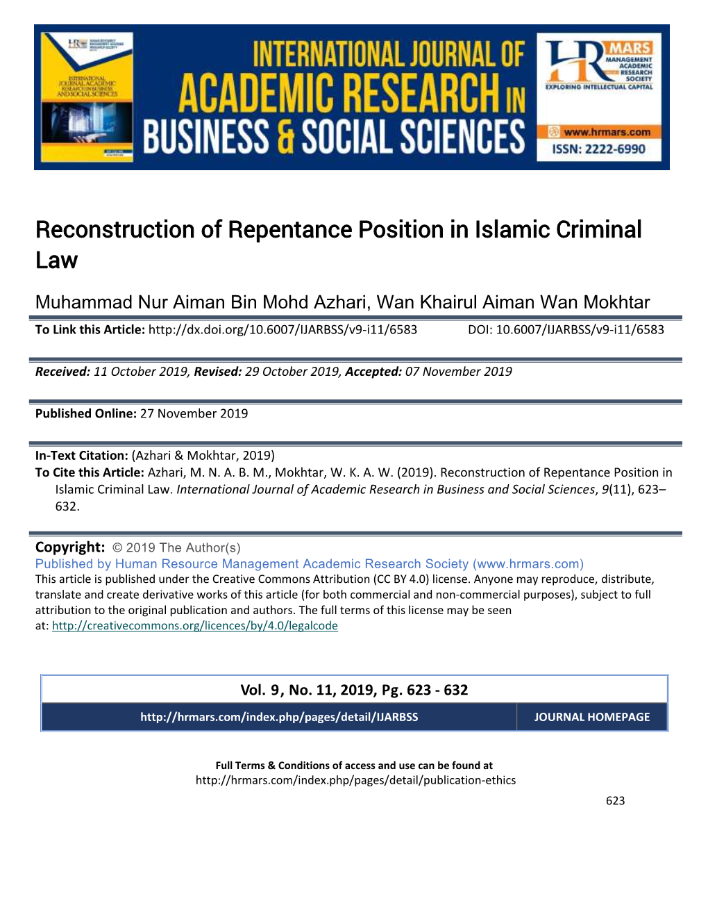 Reconstruction of Repentance Position in Islamic Criminal Law
