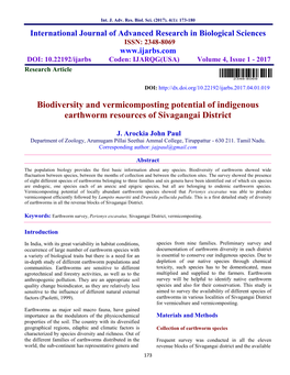 Biodiversity and Vermicomposting Potential of Indigenous Earthworm Resources of Sivagangai District