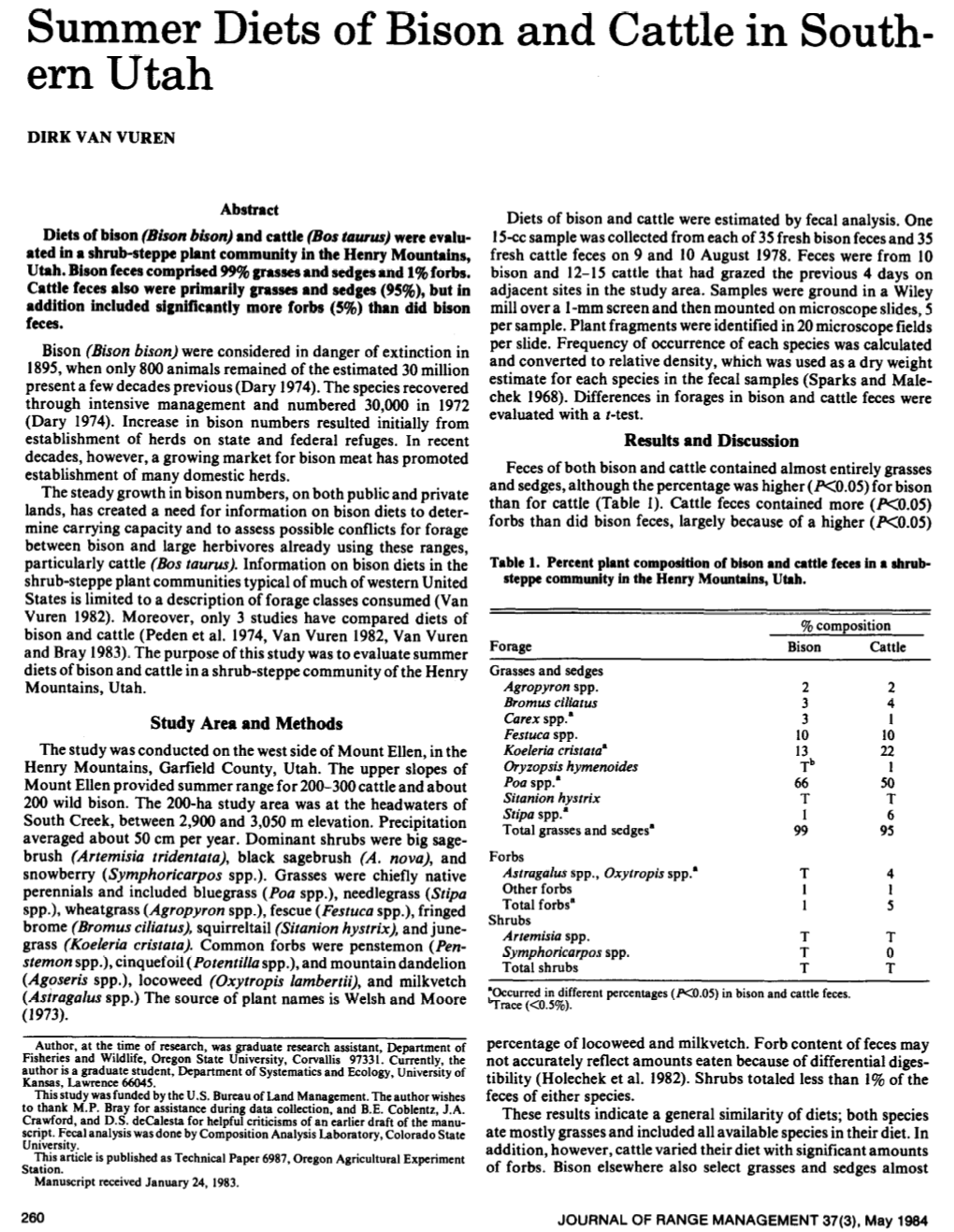 Summer Diets of Bison and Cattle in South- Ern Utah