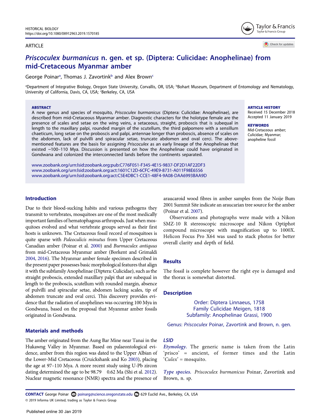 (Diptera: Culicidae: Anophelinae) from Mid-Cretaceous Myanmar Amber George Poinara, Thomas J