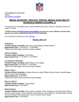Media Advisory: Pro Day Virtual Media Availability Schedule (March 29-April 2)
