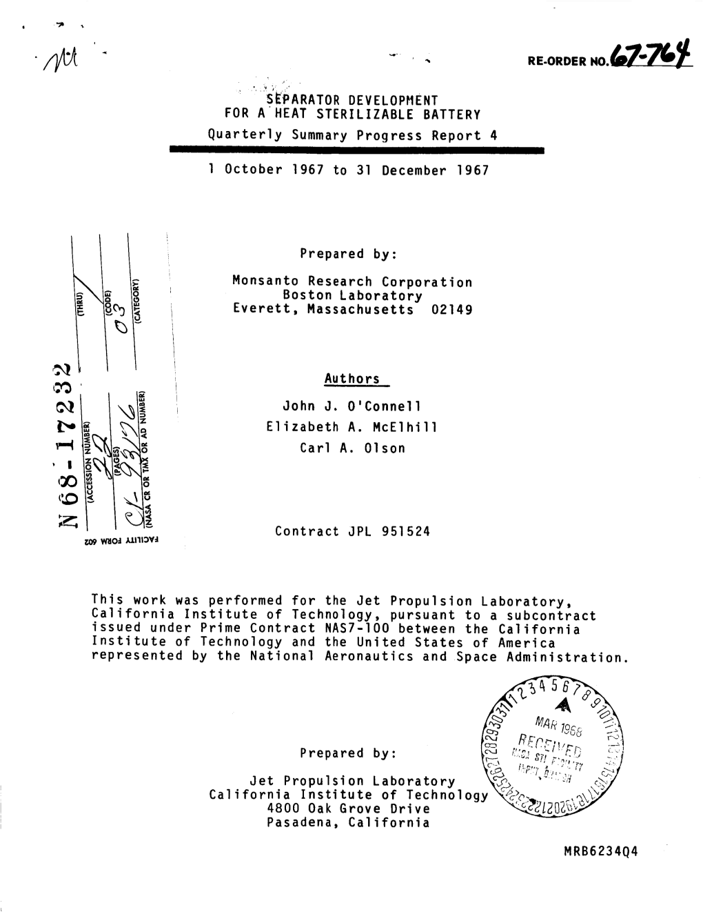 S K P a R a T 0 R D E V E L 0 P 11 E N T for A'heat STERILIZABLE BATTERY Quarterly Summary Proqress Report 4 1 October 1967 to 3