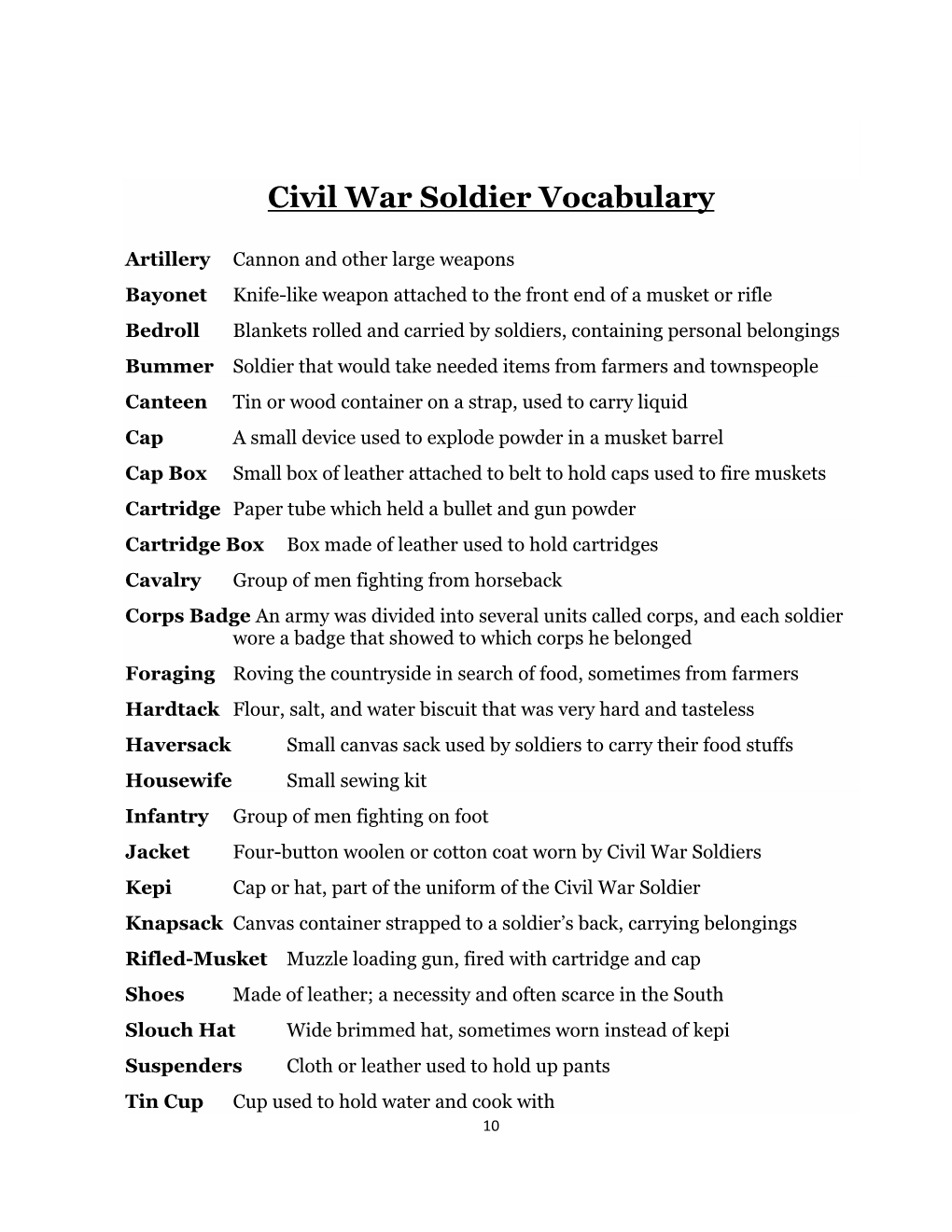 Civil War Soldier Vocabulary