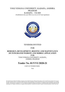 Tender No. 01/YVU/2020-21 COST of TENDER FORM Free