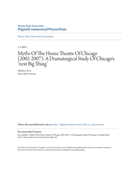 Myths of the House Theatre of Chicago (2002-2007): a Dramaturgical Study of Chicago’S “Next Big Thing”