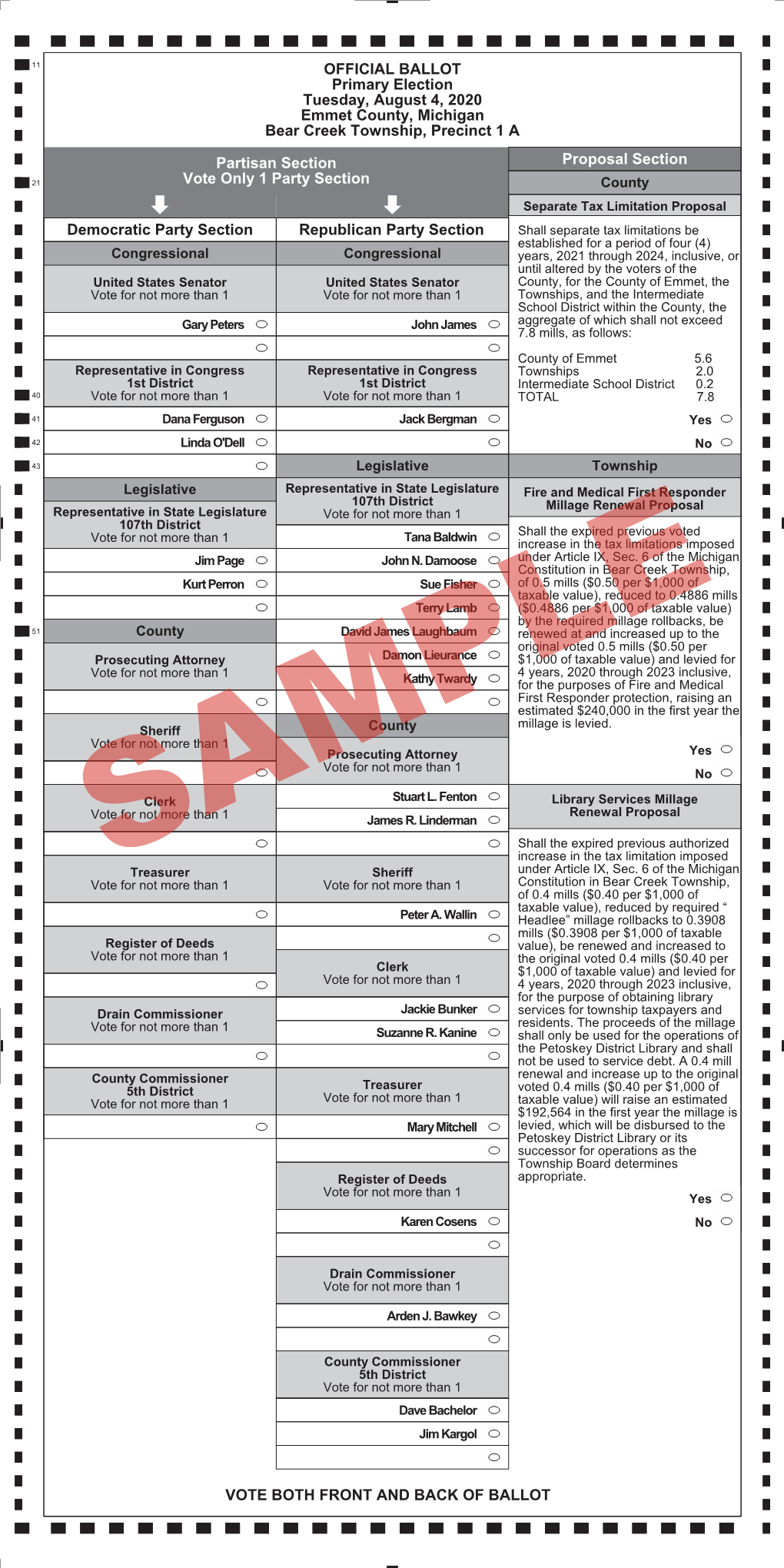 OFFICIAL BALLOT Primary Election Tuesday, August 4, 2020 Emmet County, Michigan Bear Creek Township, Precinct 1 A
