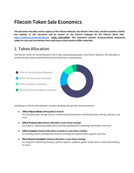 Filecoin Token Sale Economics