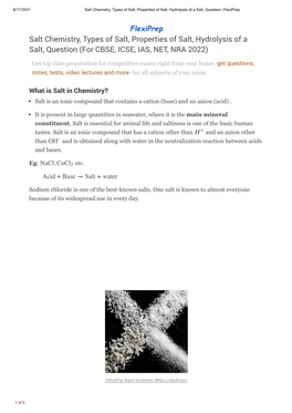 Salt Chemistry, Types of Salt, Properties of Salt, Hydrolysis of a Salt, Question- Flexiprep