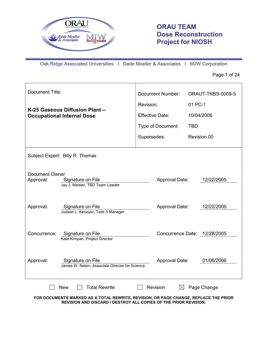 K-25 Gaseous Diffusion Plant – Occupational Internal Dose Effective Date: 10/04/2006