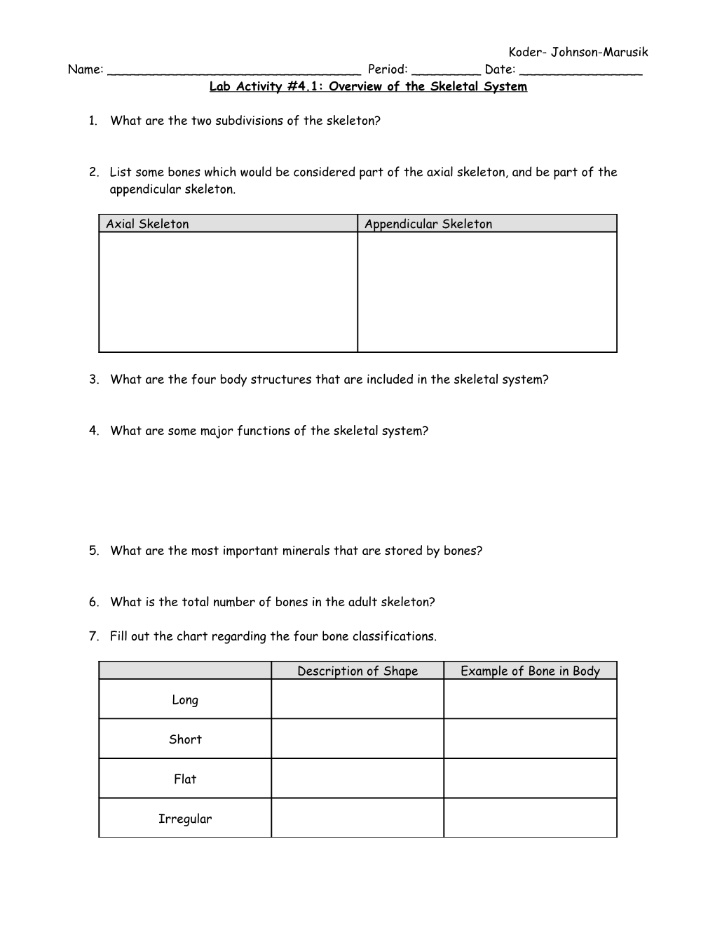 Lab Activity #7: Overview of the Skeletal System