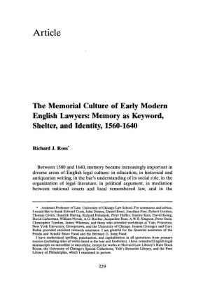 The Memorial Culture of Early Modern English Lawyers: Memory As Keyword, Shelter, and Identity, 1560-1640