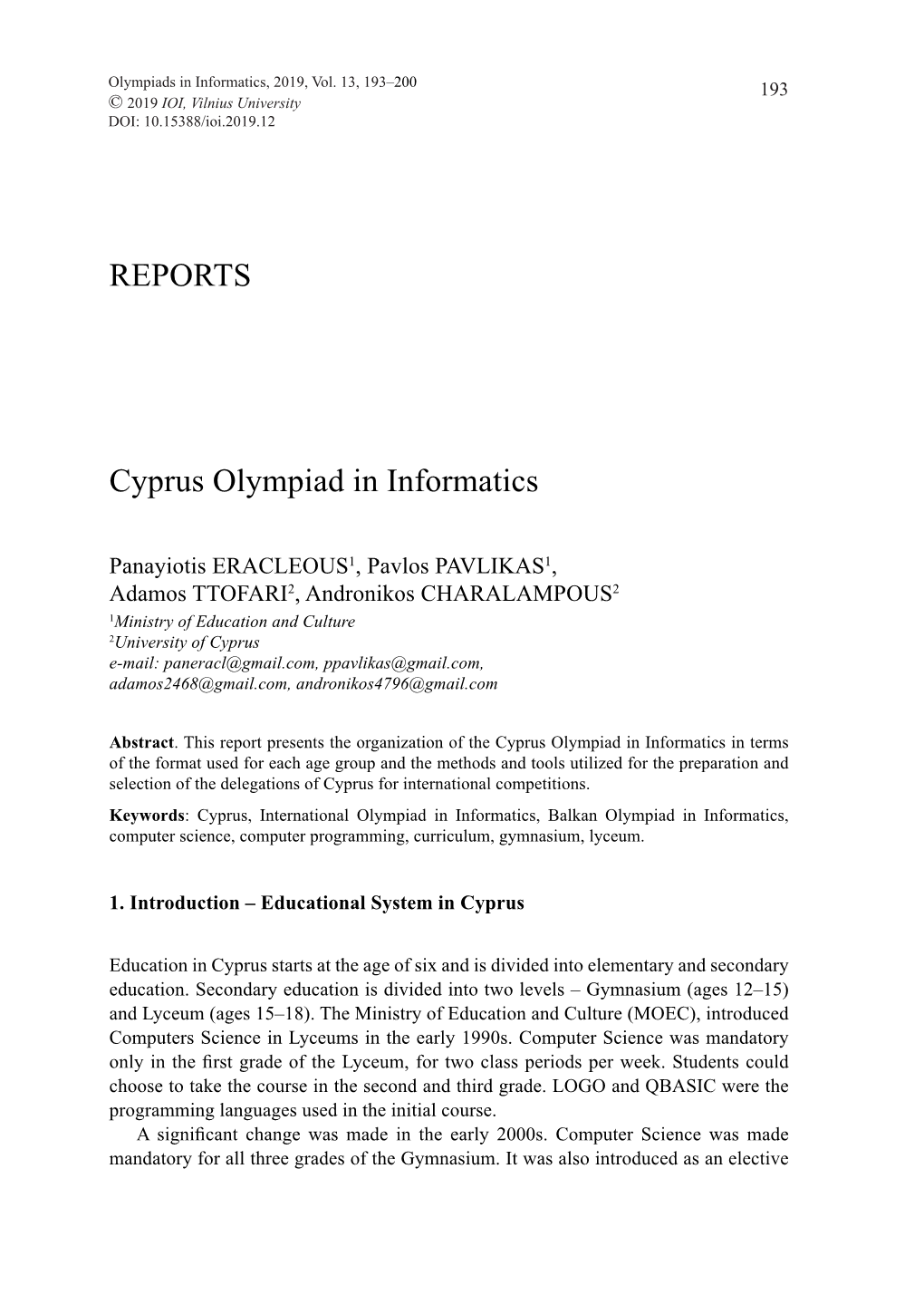 REPORTS Cyprus Olympiad in Informatics