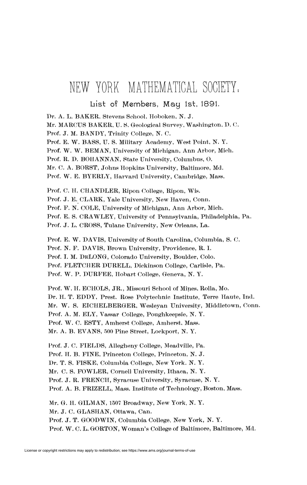 NEW YORK MATHEMATICAL SOCIETY, Bist Oî Members, May 1St, 1891
