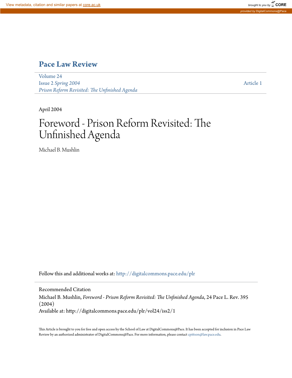 Foreword - Prison Reform Revisited: the Unfinished Agenda Michael B