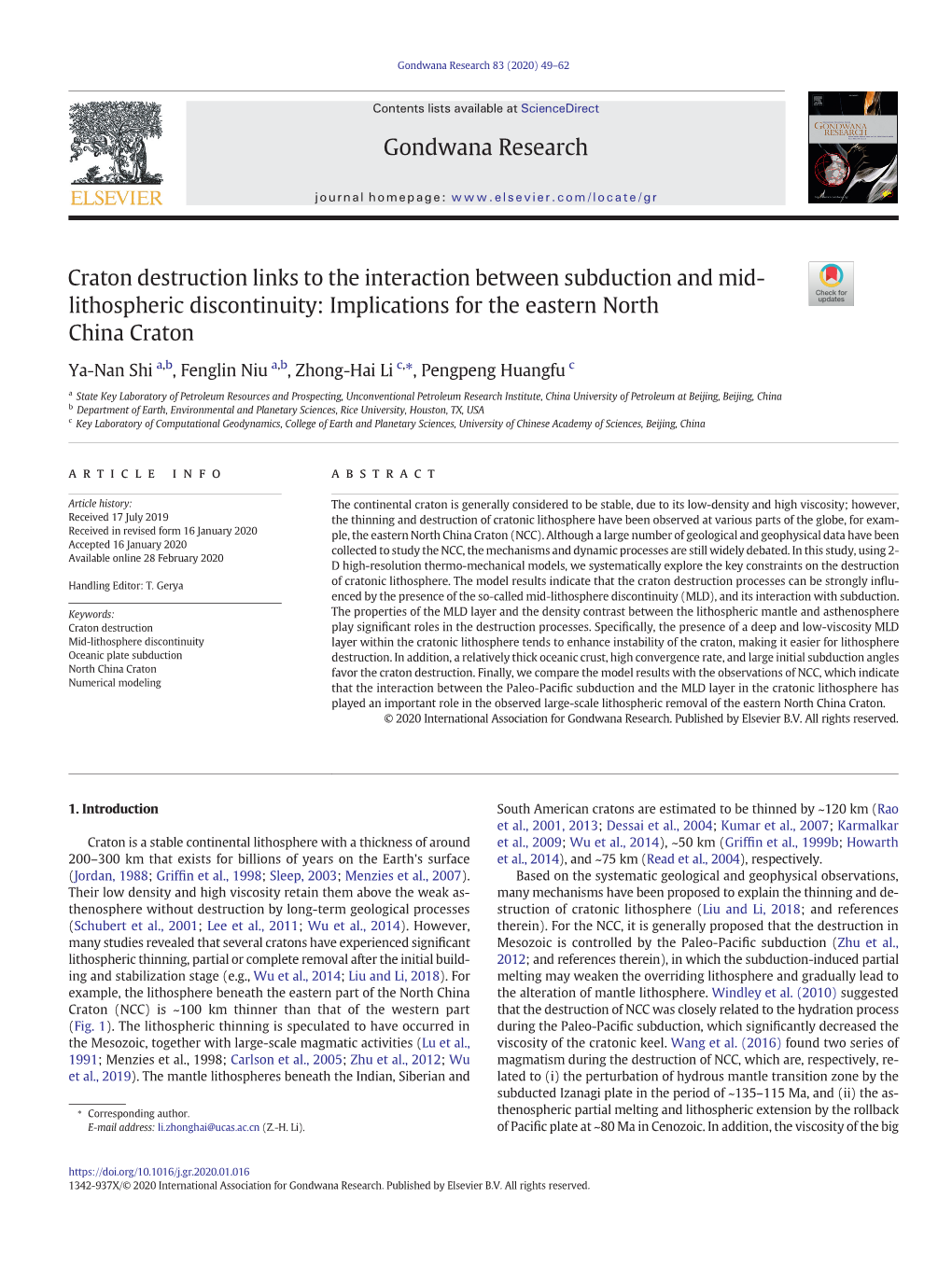 Craton Destruction Links to the Interaction Between Subduction and Mid- Lithospheric Discontinuity: Implications for the Eastern North China Craton