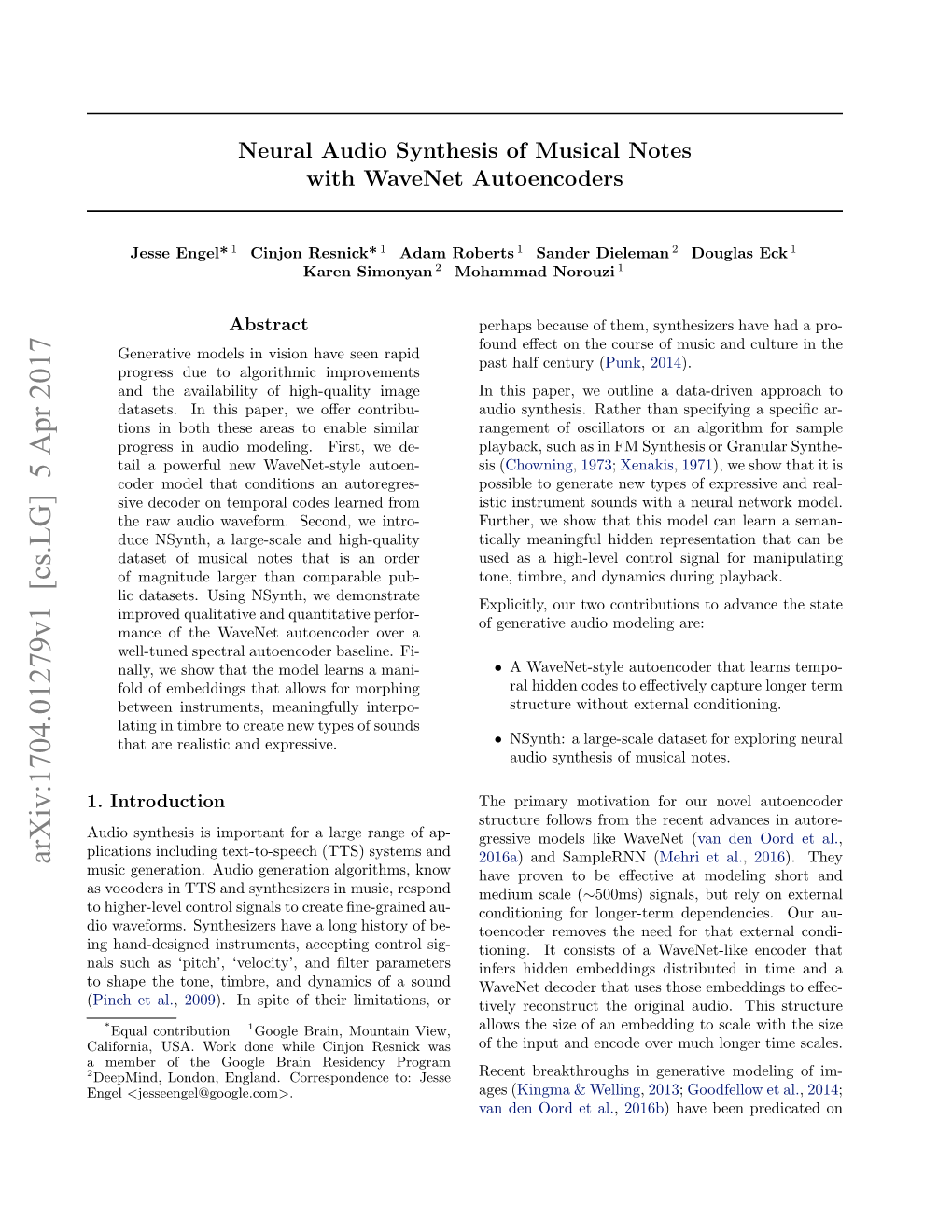 Neural Audio Synthesis of Musical Notes with Wavenet Autoencoders