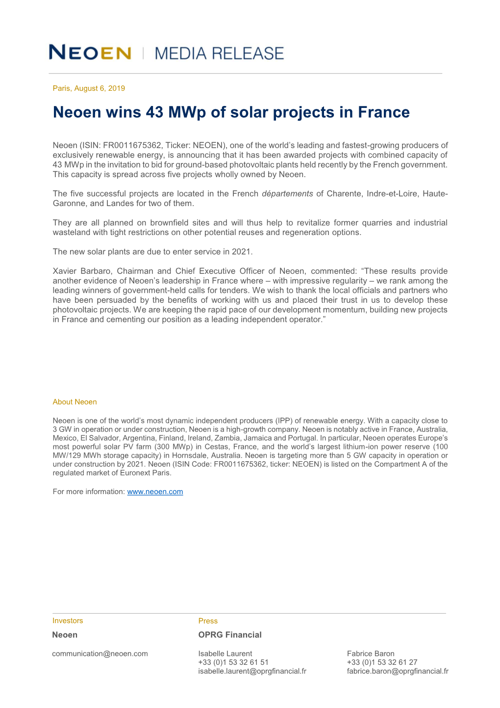 Neoen Wins 43 Mwp of Solar Projects in France