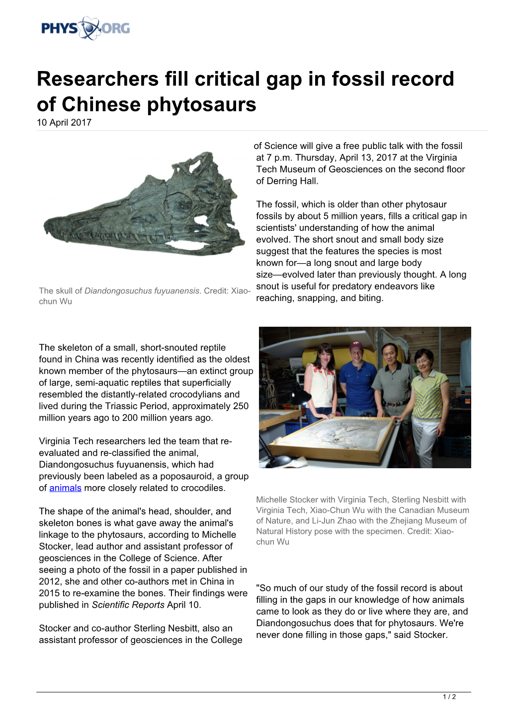 Researchers Fill Critical Gap in Fossil Record of Chinese Phytosaurs 10 April 2017