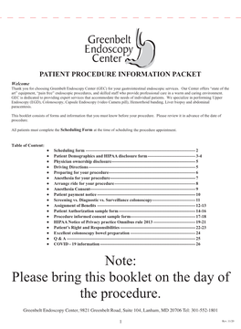 Note: Please Bring This Booklet on the Day of the Procedure