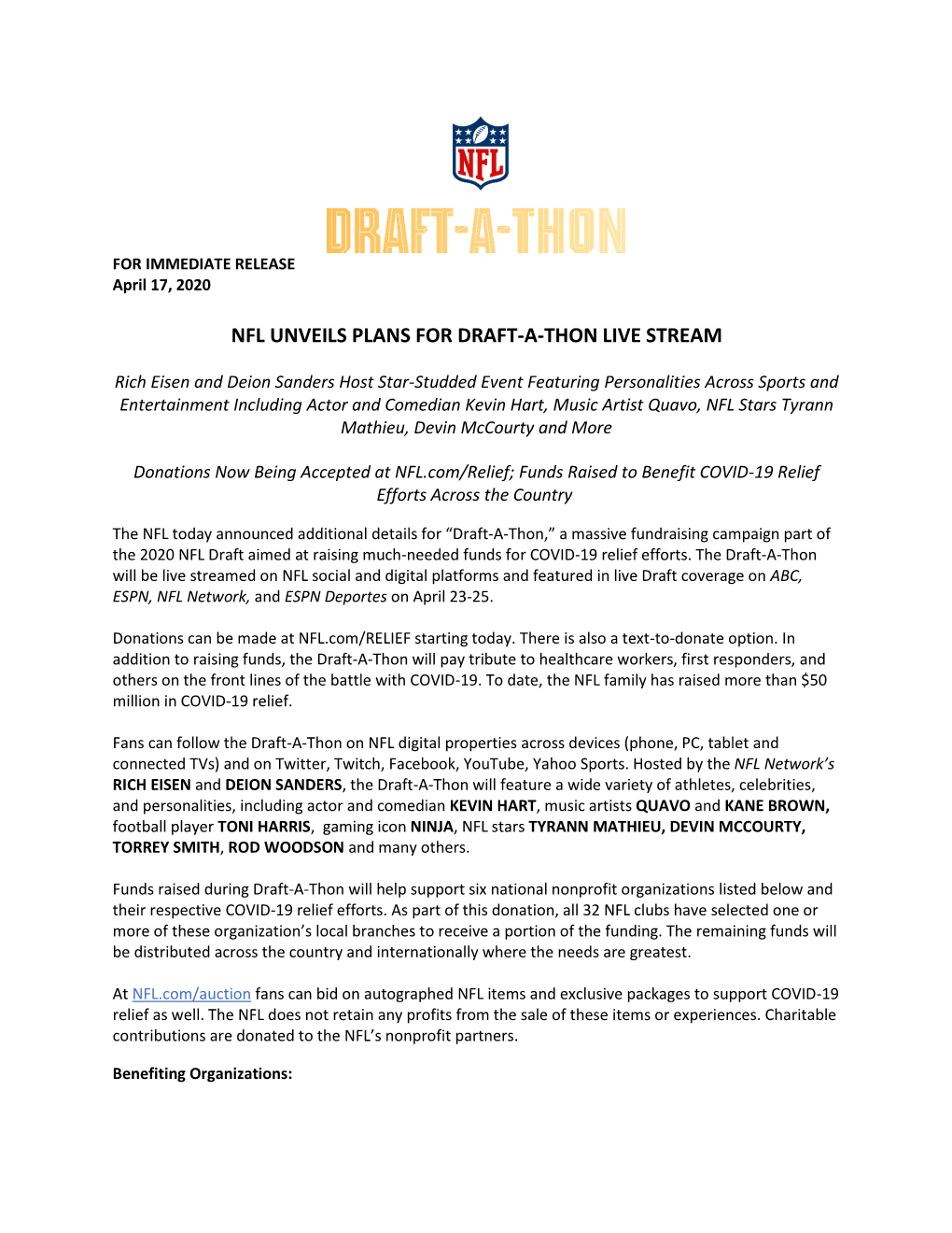 Nfl Unveils Plans for Draft-A-Thon Live Stream