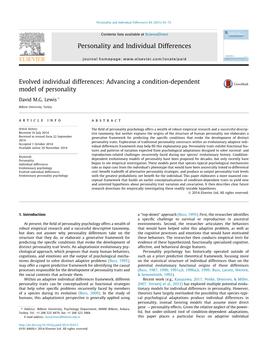 Evolved Individual Differences: Advancing a Condition-Dependent Model of Personality ⇑ David M.G