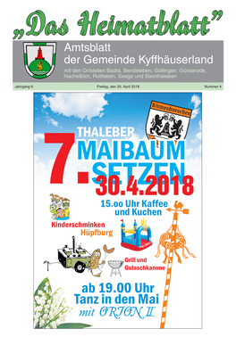 Nr. 4/2018 Veranstaltungskalender Der Gemeinde Kyffhäuserland (Änderungen Vorbehalten)