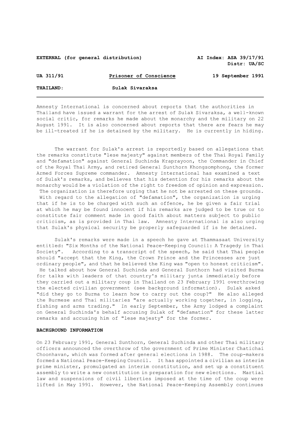 EXTERNAL (For General Distribution) AI Index: ASA 39/17/91 Distr: UA/SC