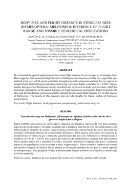 Body Size and Flight Distance in Stingless Bees (Hymenoptera: Meliponini): Inference of Flight Range and Possible Ecological Implications