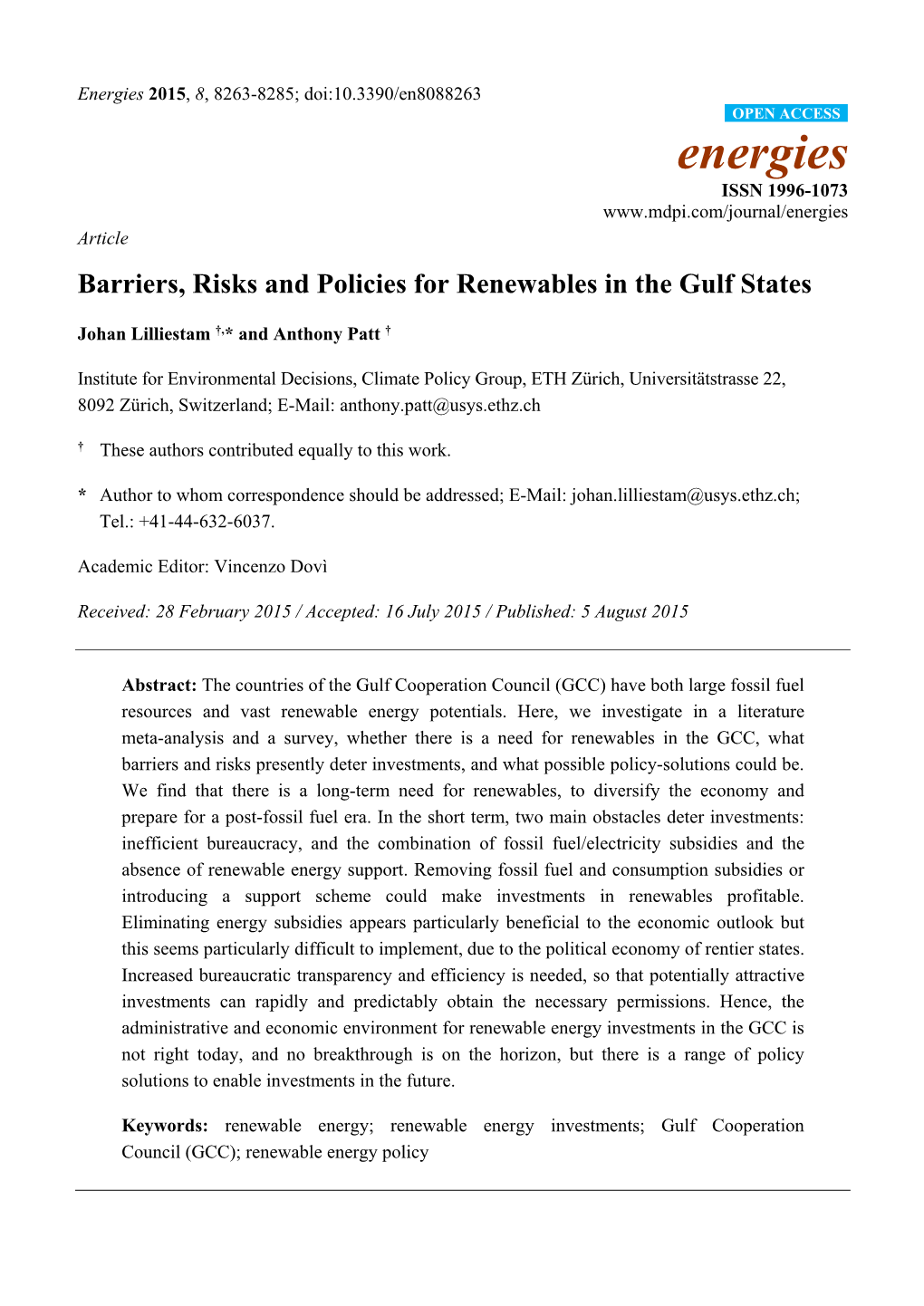 Barriers, Risks and Policies for Renewables in the Gulf States