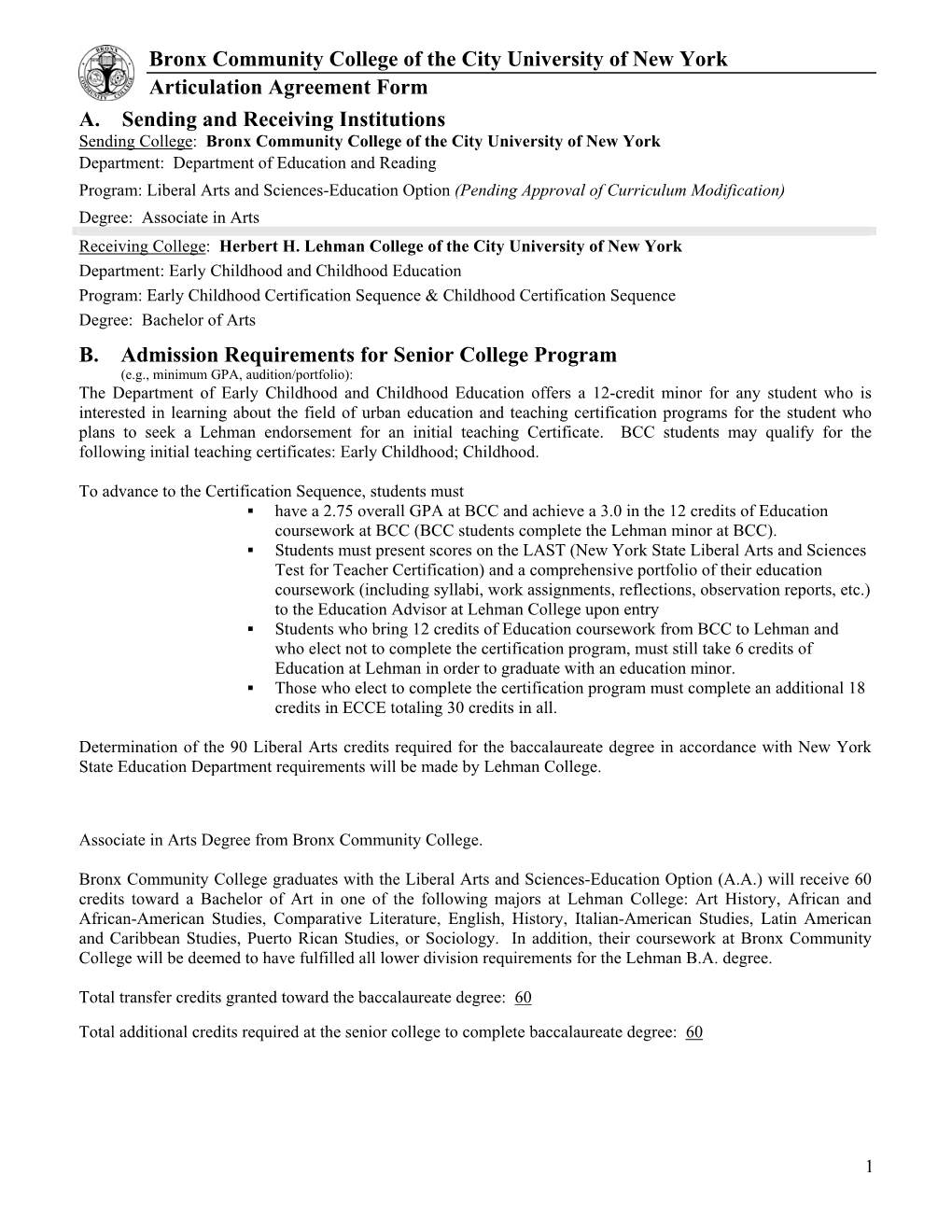 Bronx Community College of the City University of New York Articulation Agreement Form