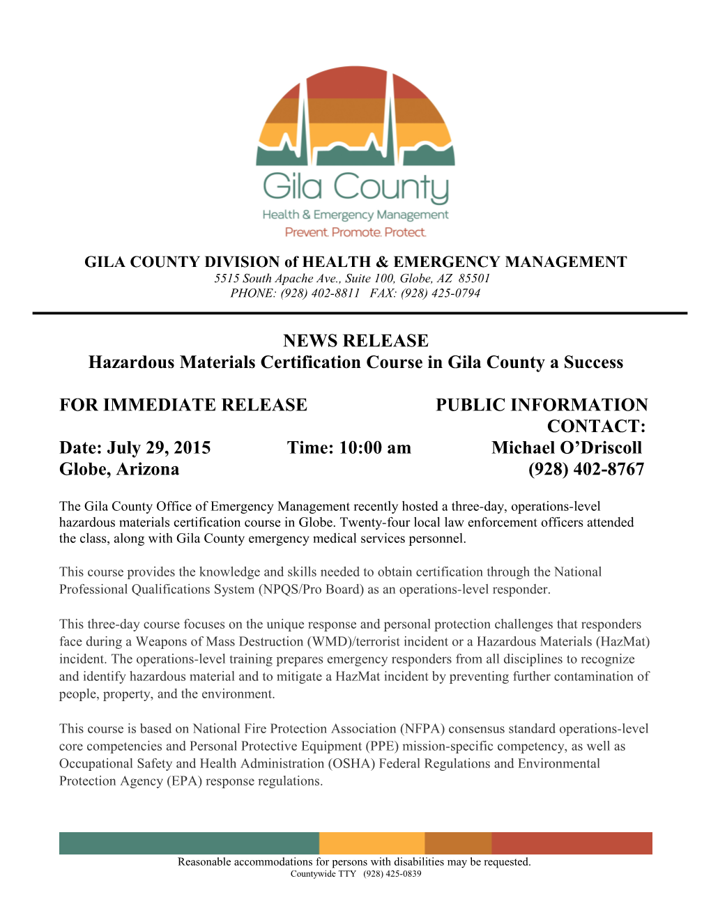 GILA COUNTY DIVISION of HEALTH & EMERGENCY MANAGEMENT