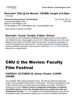 Faculty Film Festival TUESDAY, OCTOBER 25, Gaines Theater, 6:30PM : CRUMB