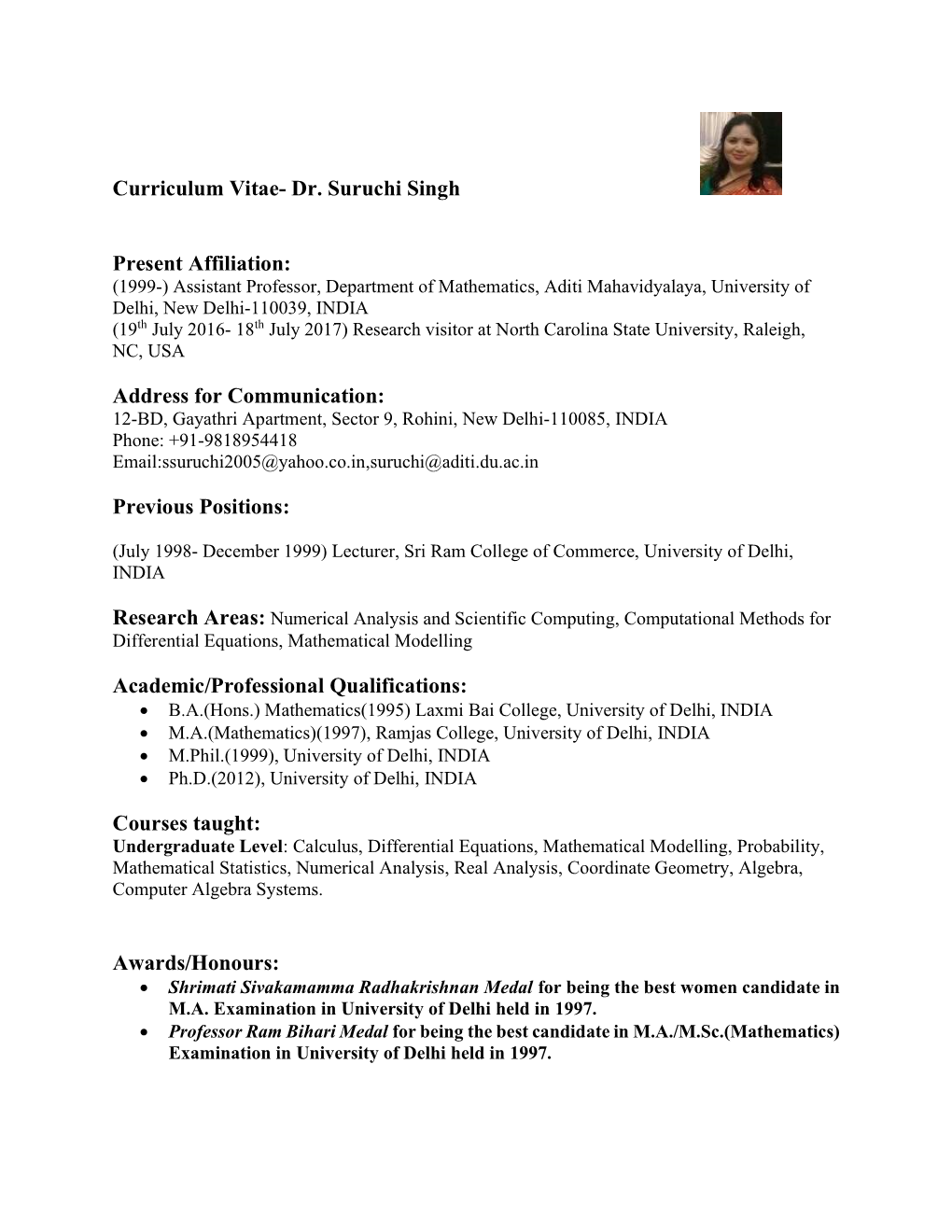 Curriculum Vitae- Dr. Suruchi Singh Present Affiliation - DocsLib