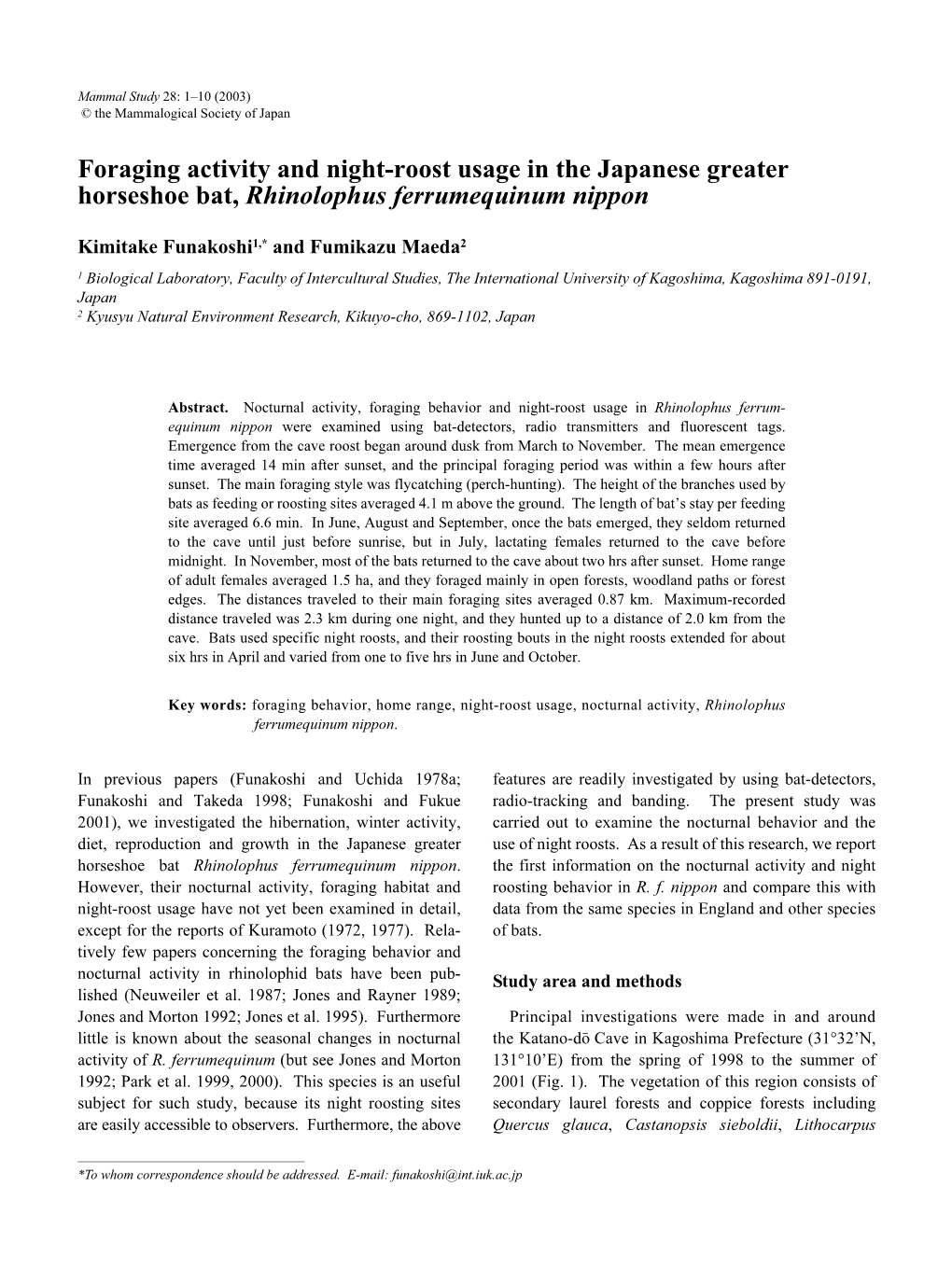 Foraging Activity and Night-Roost Usage in the Japanese Greater Horseshoe Bat, Rhinolophus Ferrumequinum Nippon