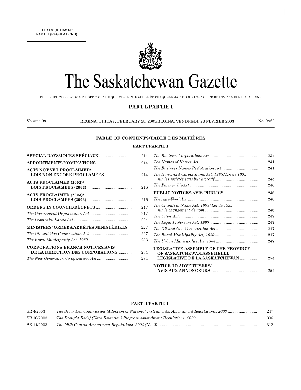 Sask Gazette, Part I, Feb 28, 2003