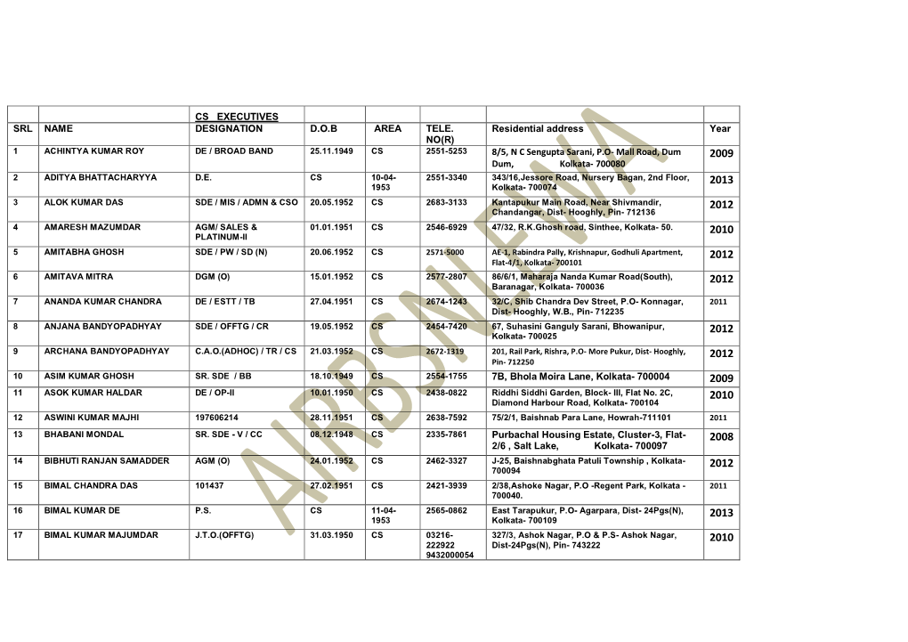 Cs Executives Srl Name Designation D.O.B Area Tele