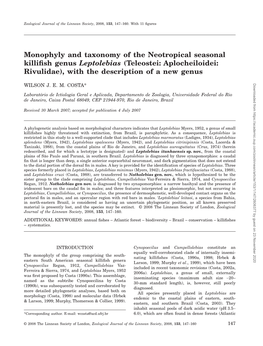 Monophyly and Taxonomy of the Neotropical Seasonal Killiﬁsh Genus Leptolebias (Teleostei: Aplocheiloidei: Rivulidae), with the Description of a New Genus