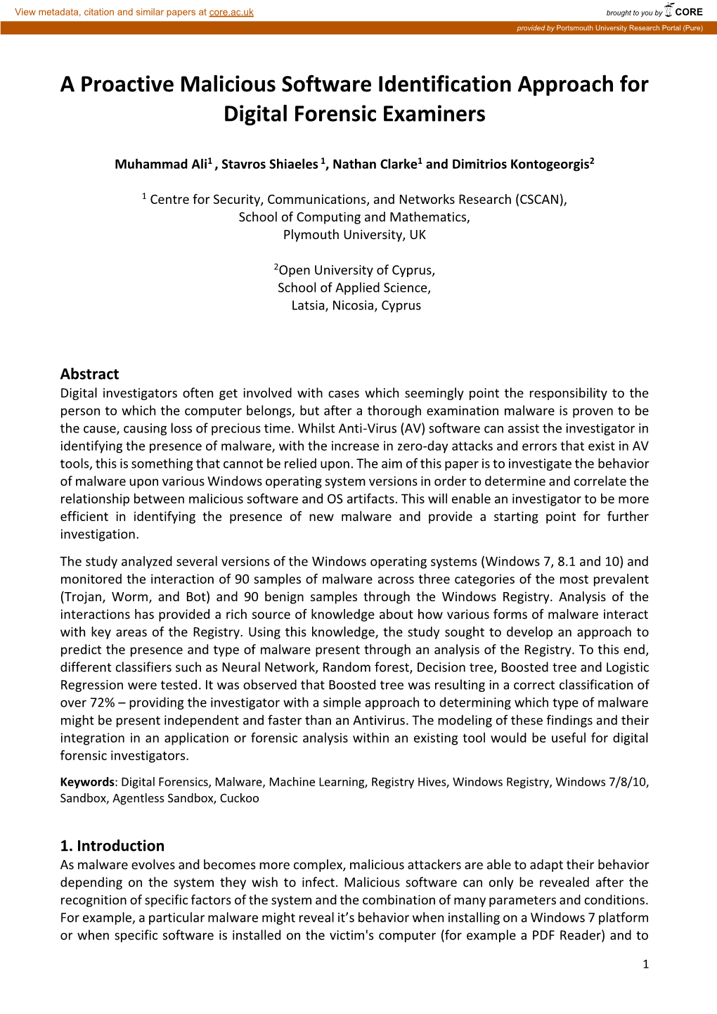 A Proactive Malicious Software Identification Approach for Digital Forensic Examiners