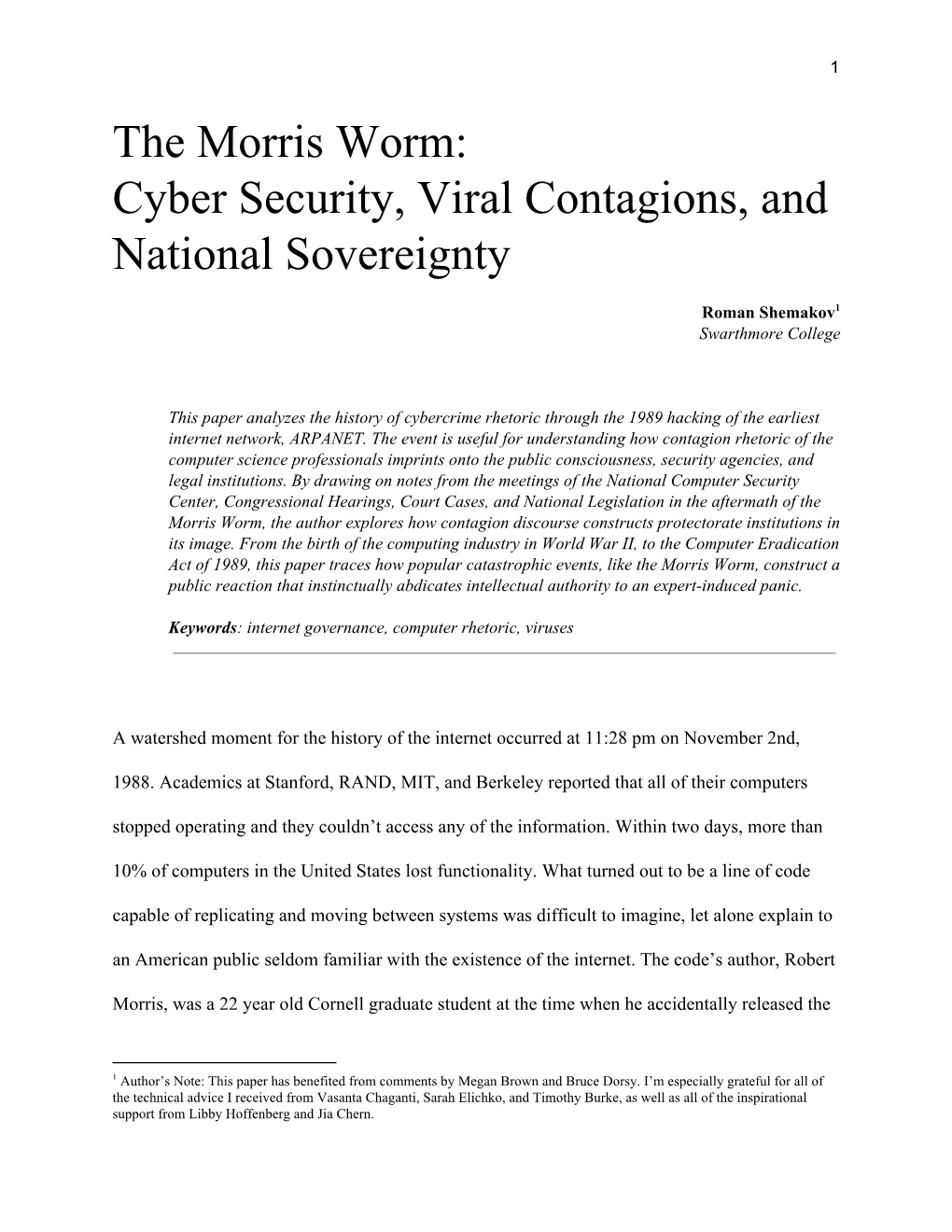 The Morris Worm: Cyber Security, Viral Contagions, and National Sovereignty