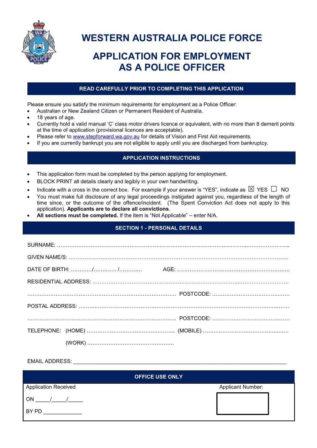 Western Australia Police Force Application for Employment As A